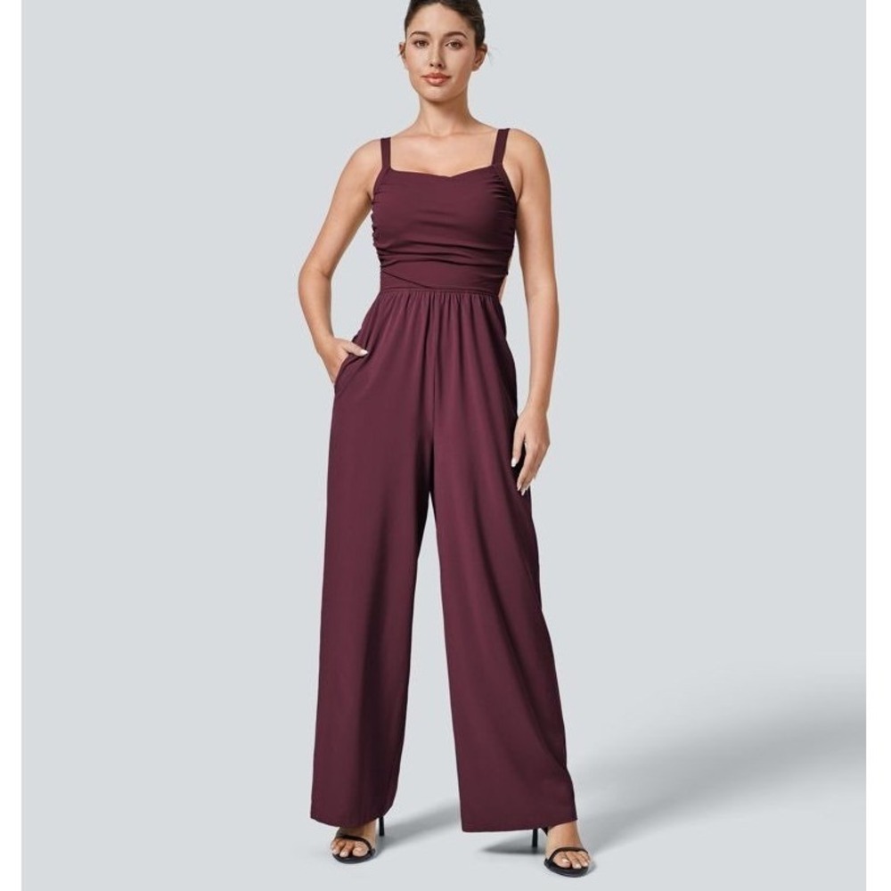 Halara Breezeful Lace Up Pocket Quick Dry Casual Jumpsuit Burgundy Wide Leg L